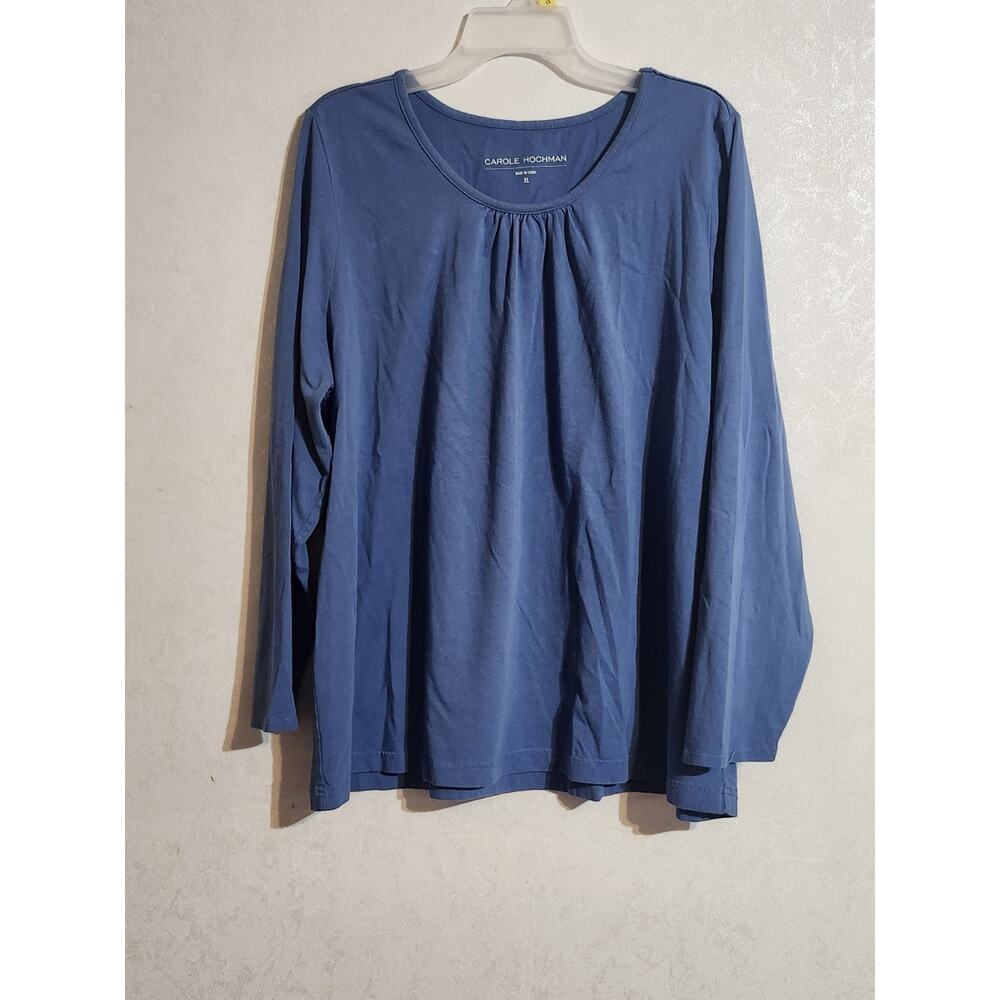 Carol Hochman Top sz XL Blue Round Neck Pleated Long Sleeve Light Weight